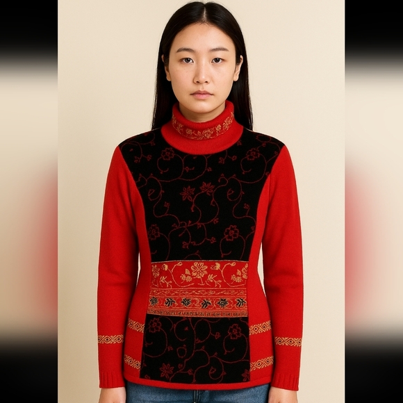 Dolce Bella Merino  Wool Turtleneck Sweater Red/Black/Gold - Picture 1 of 8